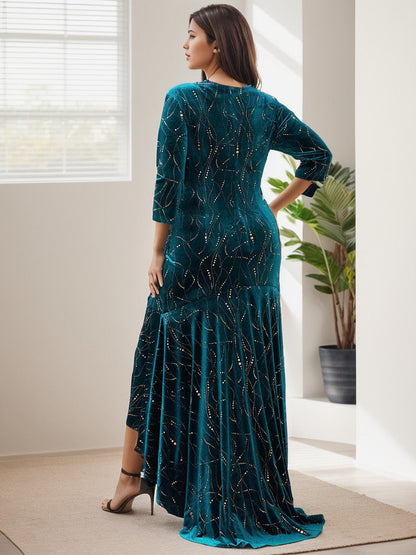 Elegant Plus Size Bodycon High-Low Formal Velvet Party Dress