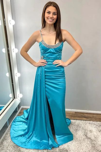 Teal Blue Beaded Spaghetti Strap Long Prom Dress With Attached Train