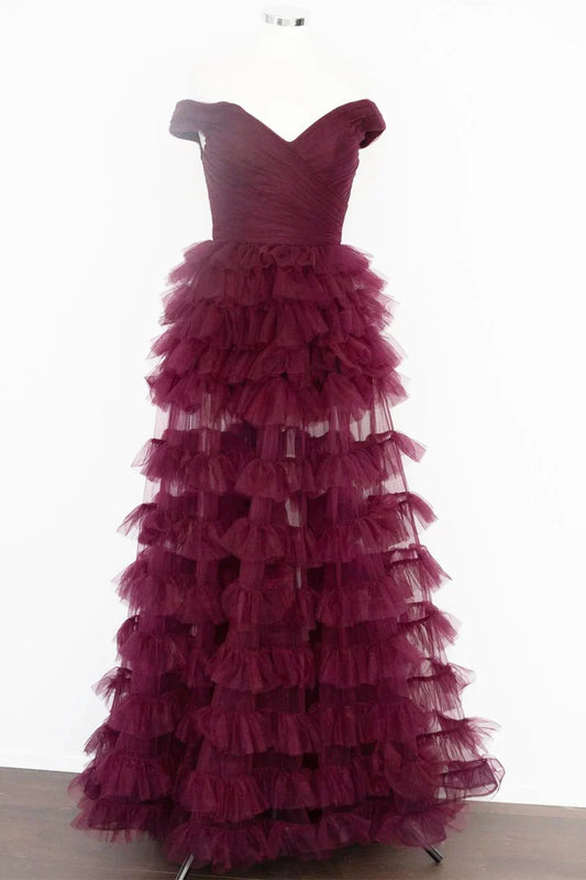 Formal Wear Dresses Dark Berry A-Line Off Shoulder Pleated Sheer Tulle Tiered Long Prom Dress Prom Dresses Shops Formal Women's Dresses