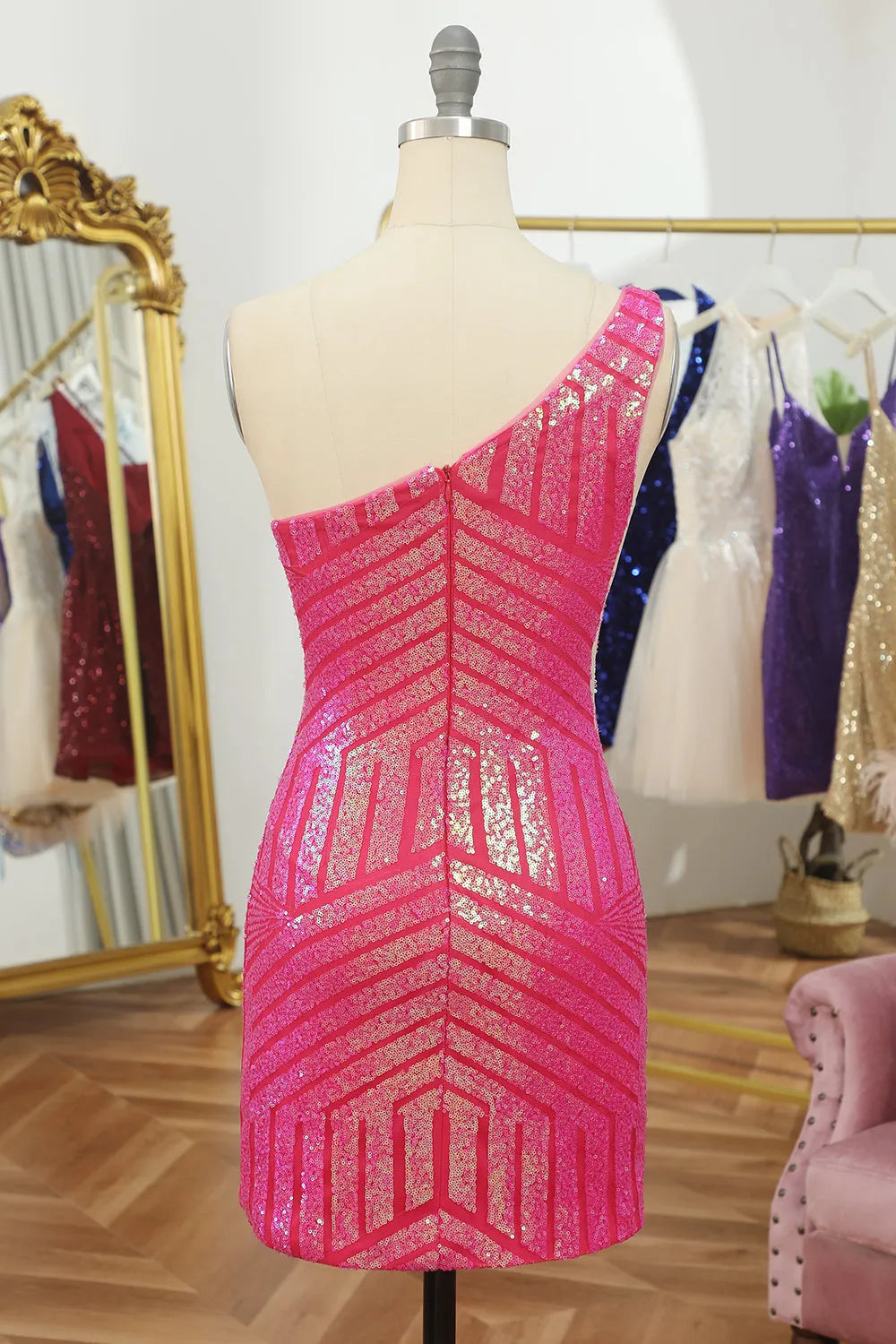 Prom Dress Store Fuchsia One Shoulder Sequins Tight Short Homecoming Dress Formal Women's Dresses