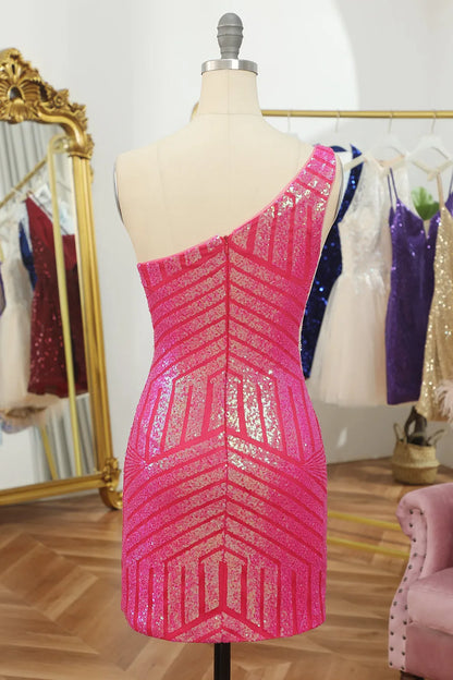 Prom Dress Store Fuchsia One Shoulder Sequins Tight Short Homecoming Dress Formal Women's Dresses