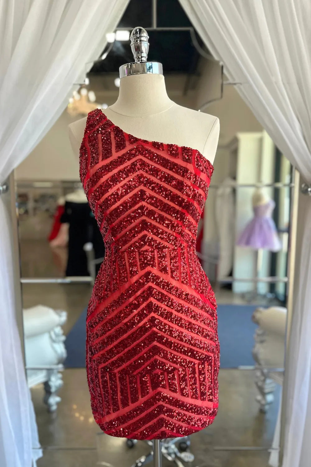 Prom Dress Store Fuchsia One Shoulder Sequins Tight Short Homecoming Dress Formal Women's Dresses