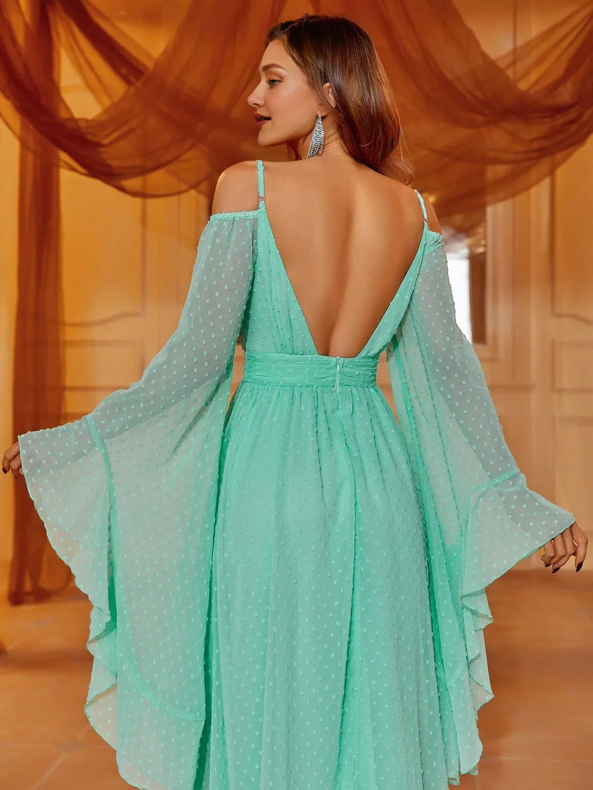 Trendy A-Line Cold Shoulder Bell Sleeve V Back Floor-Length Prom Dress