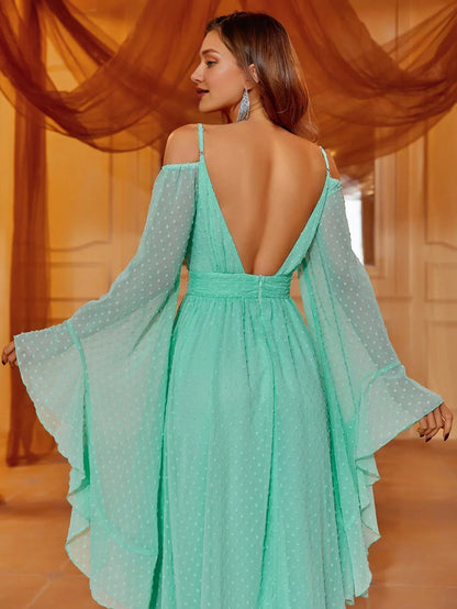 Trendy A-Line Cold Shoulder Bell Sleeve V Back Floor-Length Prom Dress