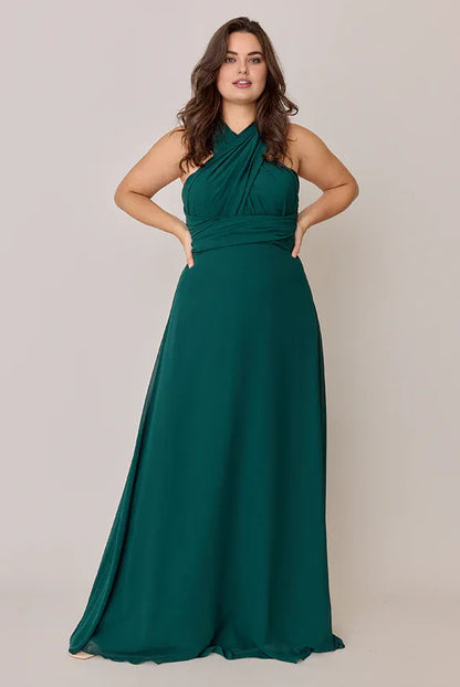 Trendy A-Line Halter Neck Sleeveless Chiffon Floor-Length Plus Size Prom Dress