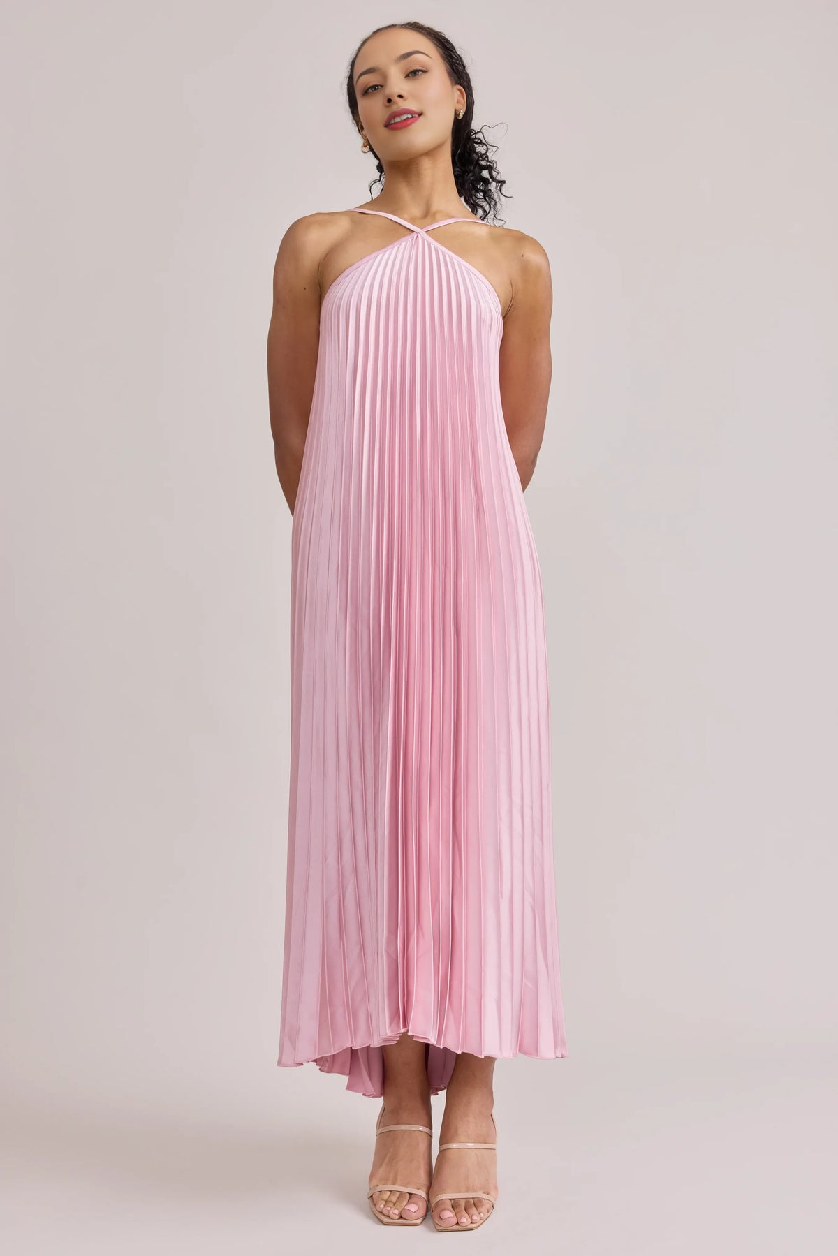 Trendy A-Line Halter Neck Sleeveless Satin Floor-Length Prom Dress