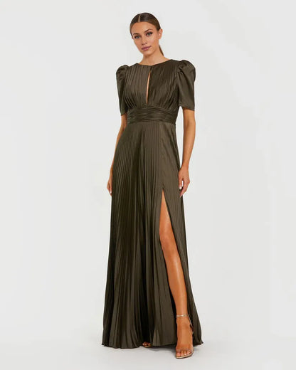 Trendy A-Line Round Neck Puff Sleeve Zipper Up Floor-Length Prom Dress
