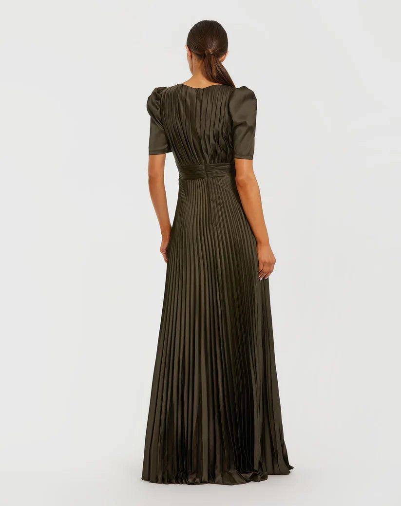 Trendy A-Line Round Neck Puff Sleeve Zipper Up Floor-Length Prom Dress