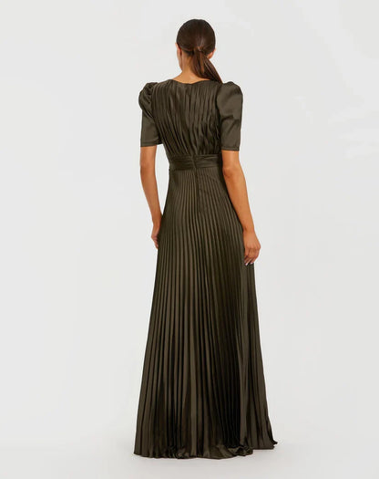 Trendy A-Line Round Neck Puff Sleeve Zipper Up Floor-Length Prom Dress