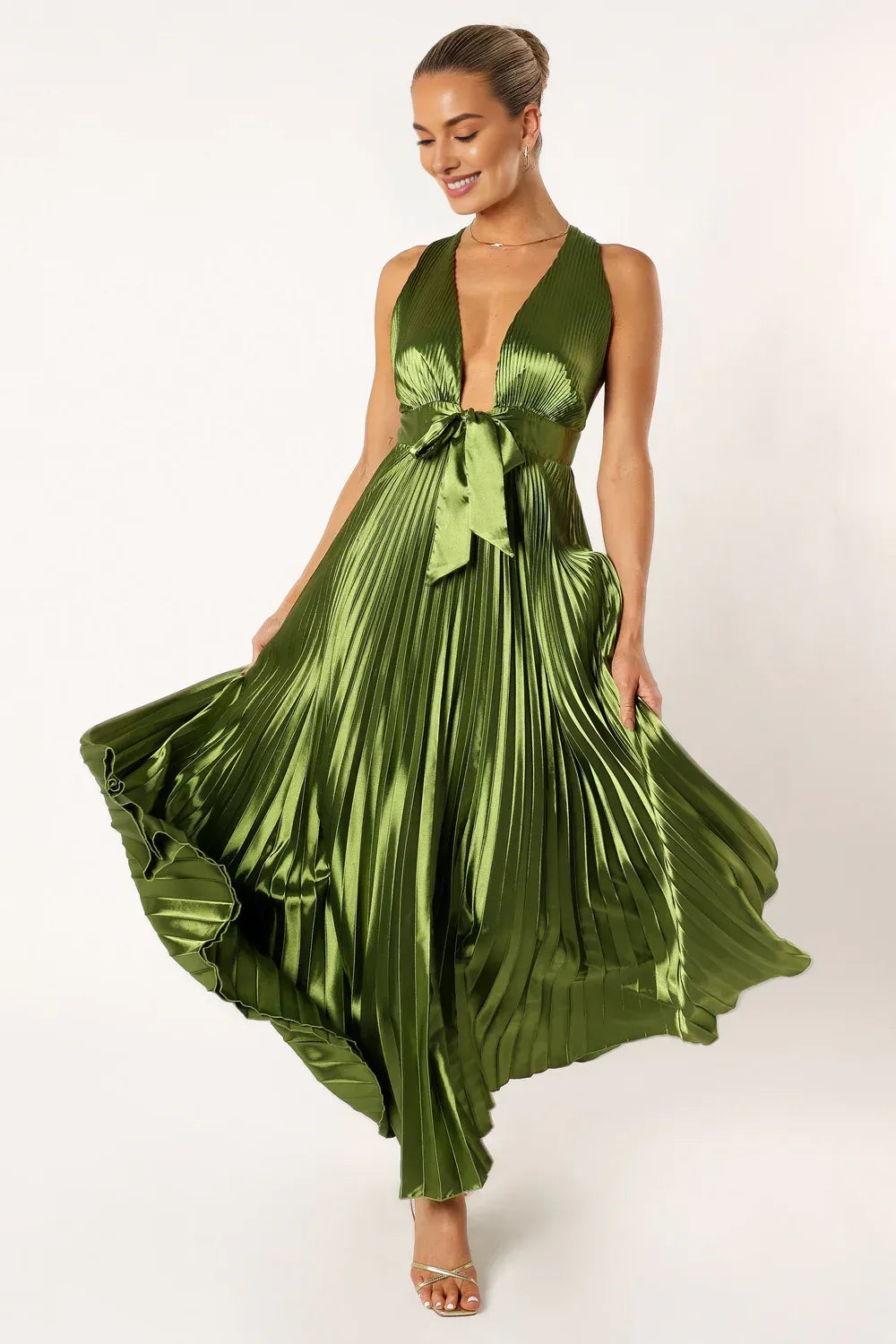 Trendy A-Line V Neck Sleeveless Satin Ankle-Length Prom Dress