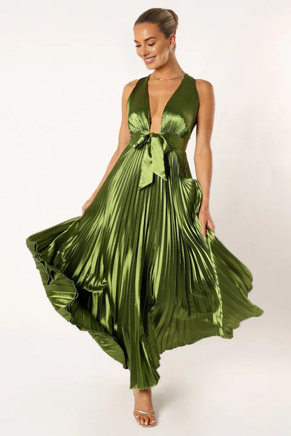 Trendy A-Line V Neck Sleeveless Satin Ankle-Length Prom Dress
