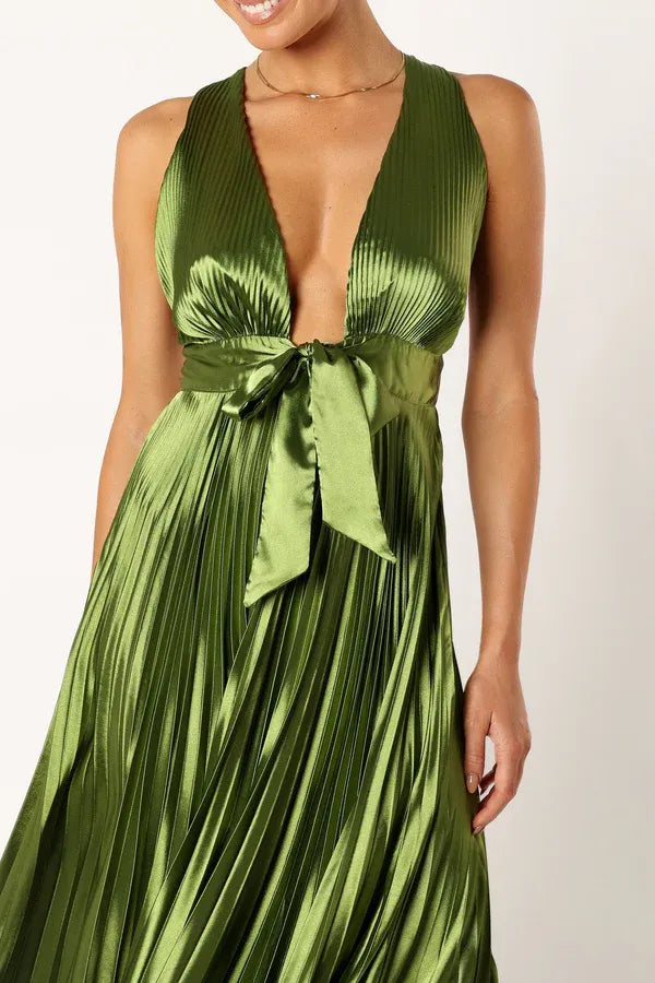 Trendy A-Line V Neck Sleeveless Satin Ankle-Length Prom Dress
