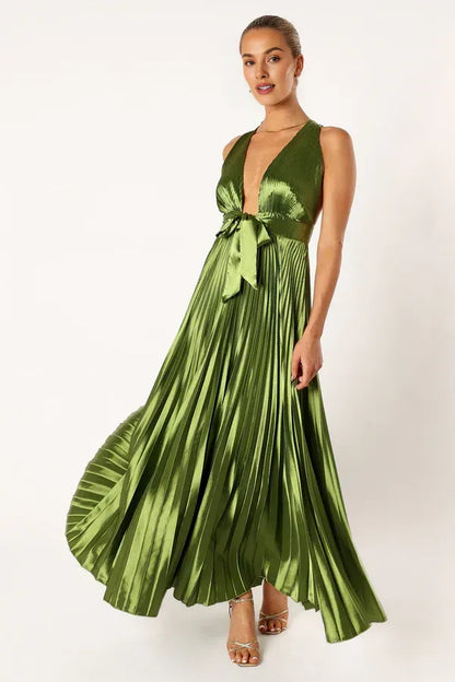 Trendy A-Line V Neck Sleeveless Satin Ankle-Length Prom Dress