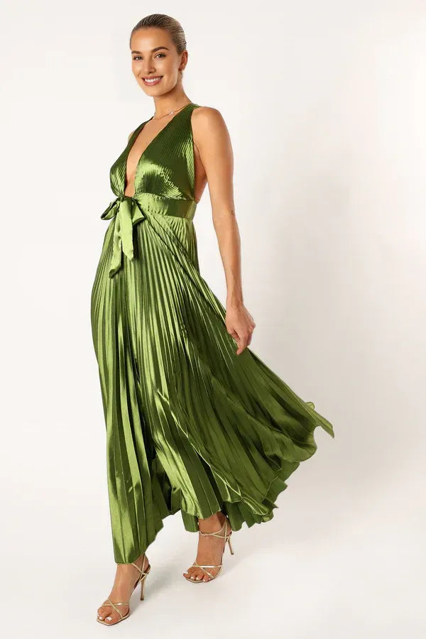 Trendy A-Line V Neck Sleeveless Satin Ankle-Length Prom Dress