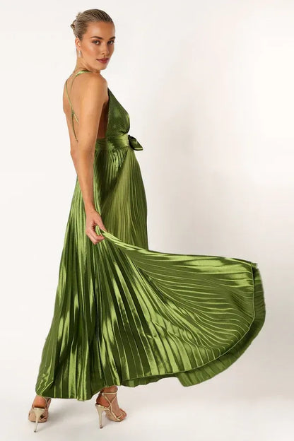 Trendy A-Line V Neck Sleeveless Satin Ankle-Length Prom Dress