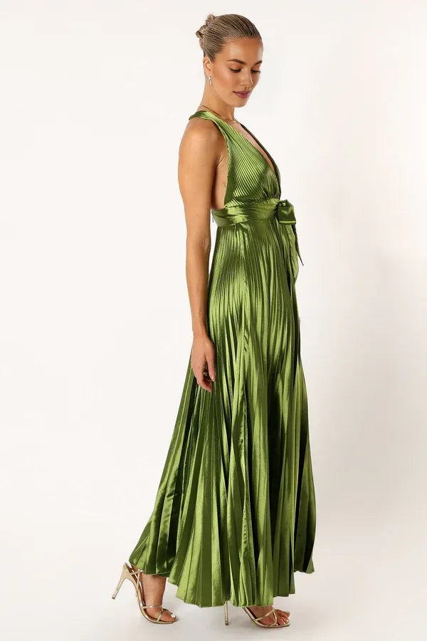 Trendy A-Line V Neck Sleeveless Satin Ankle-Length Prom Dress