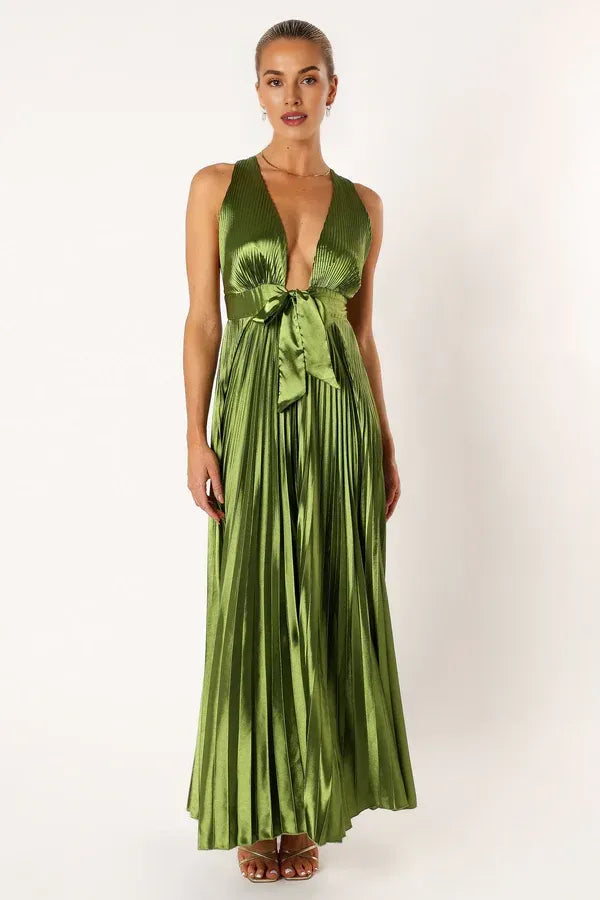 Trendy A-Line V Neck Sleeveless Satin Ankle-Length Prom Dress