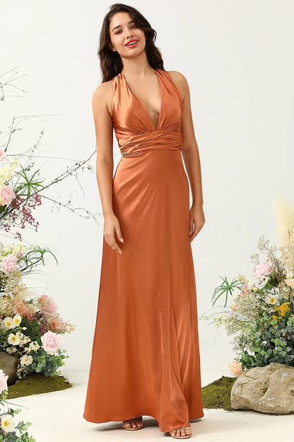 Trendy A Line V Neck Sleeveless Satin Ruched Floor-Length Prom Dress