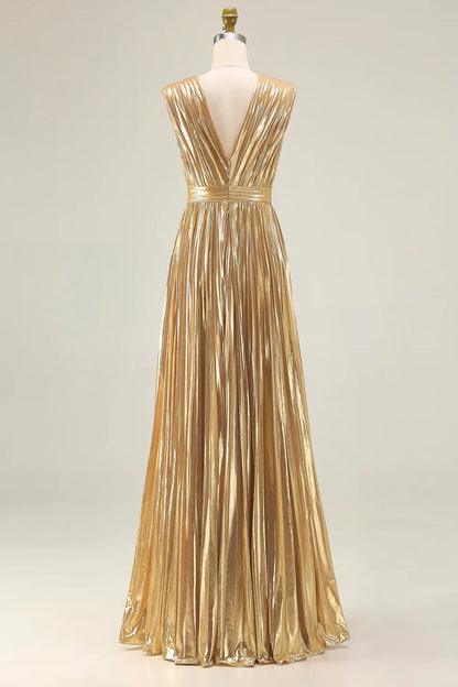 Trendy A Line V Neck Sleeveless Metallic Pleated Floor-Length Prom Dress