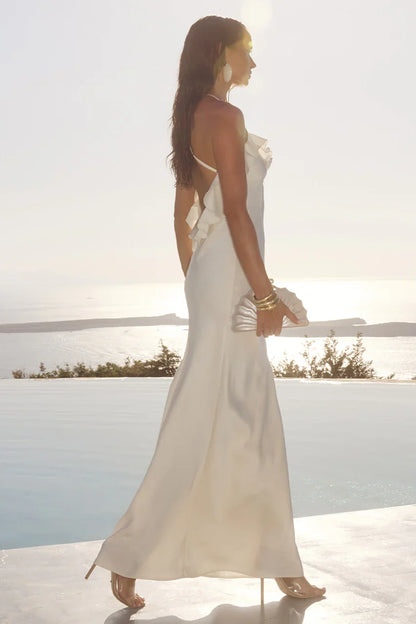Trendy Fitted Spaghetti Straps Sleeveless Flower Satin Floor-Length Prom Dress
