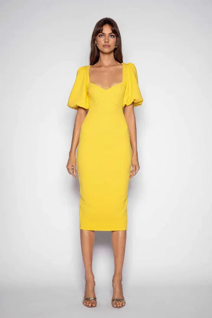 Trendy Fitted Sweetheart Puff Sleeve Zipper Up Tea-Length Prom Dress