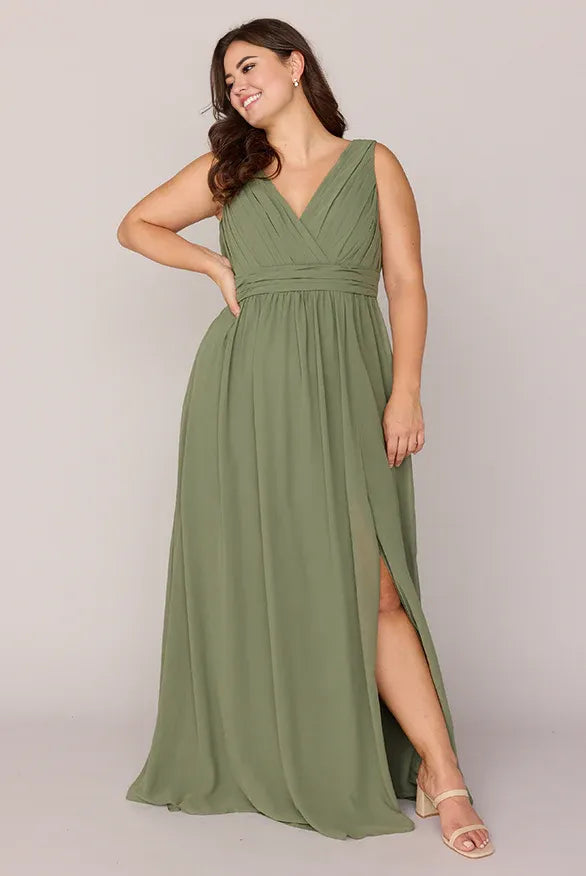 Trendy Flowing V Neck Sleeveless V Back Ankle-Length Plus Size Bridesmaid Dress