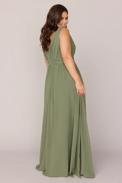 Trendy Flowing V Neck Sleeveless V Back Ankle-Length Plus Size Bridesmaid Dress