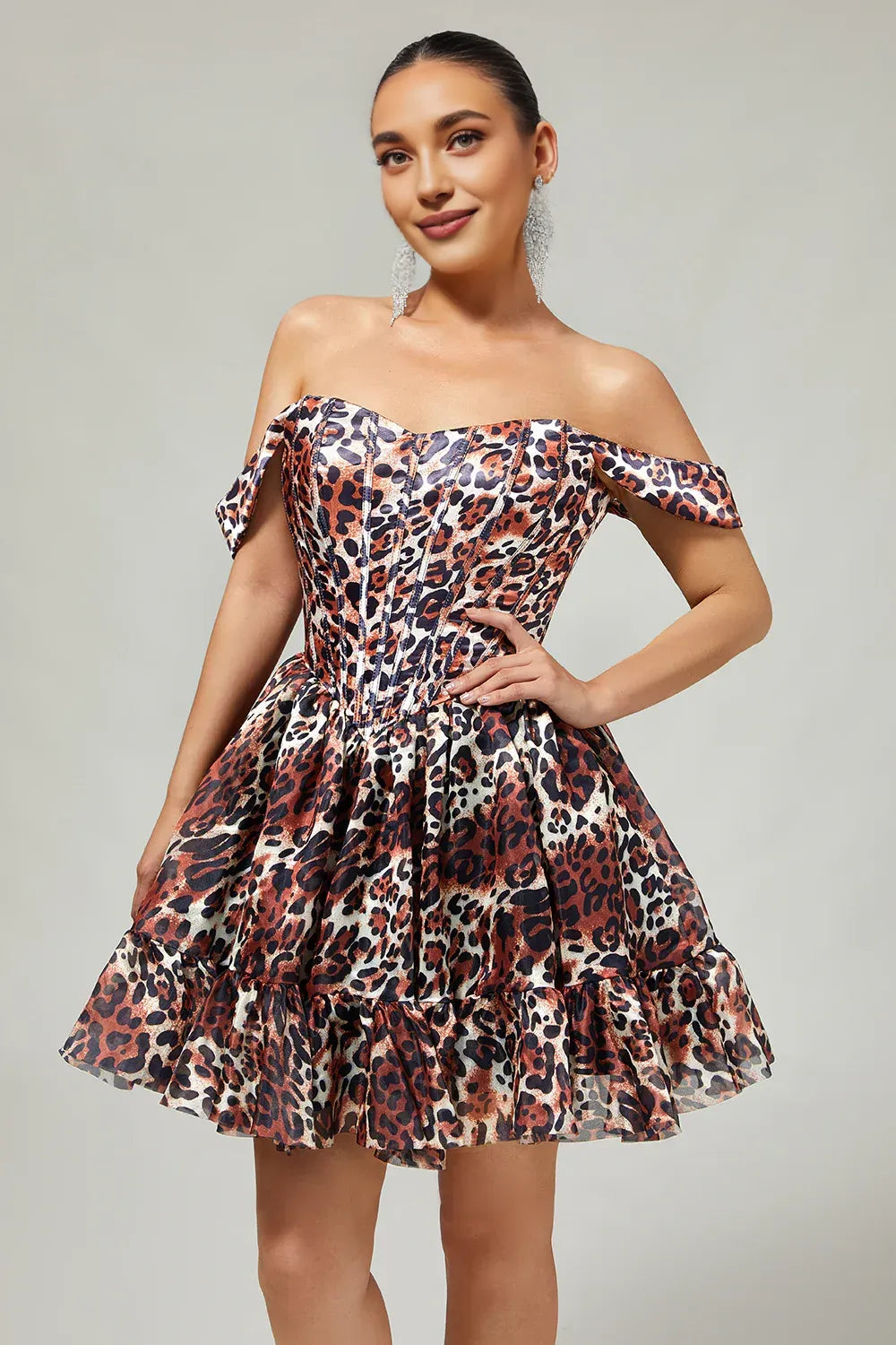 Trendy Off the Shoulder A-Line Sleeveless Leopard Print Short-Mini Homecoming Dress