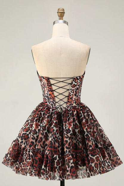 Trendy Off the Shoulder A-Line Sleeveless Leopard Print Short-Mini Homecoming Dress