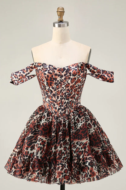 Trendy Off the Shoulder A-Line Sleeveless Leopard Print Short-Mini Homecoming Dress