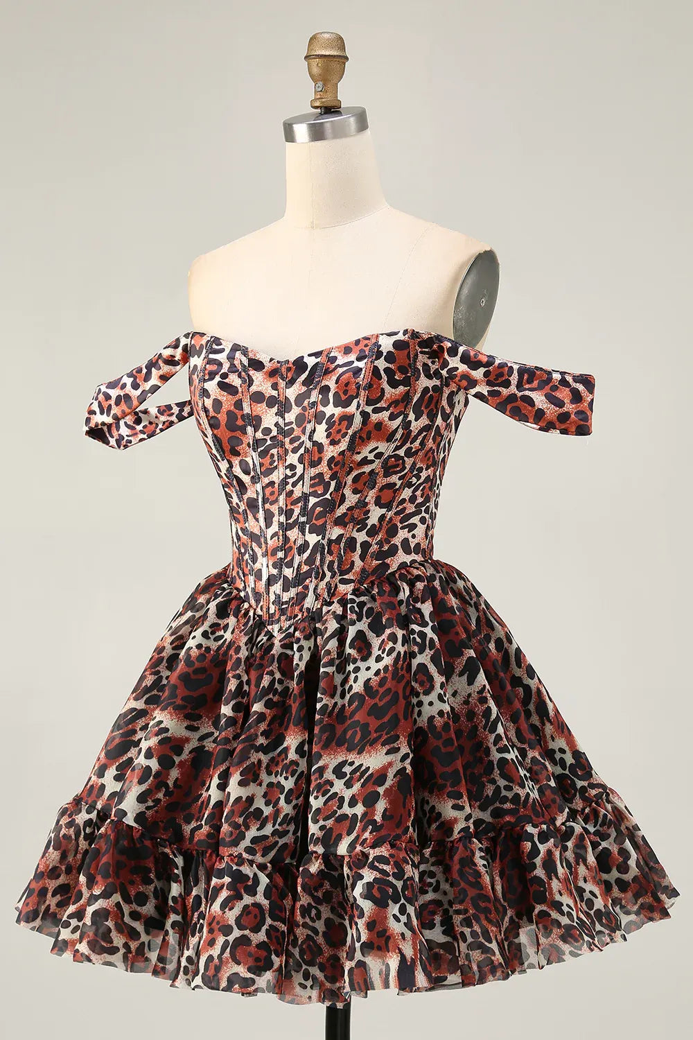 Trendy Off the Shoulder A-Line Sleeveless Leopard Print Short-Mini Homecoming Dress