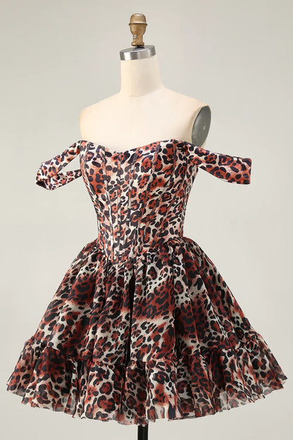 Trendy Off the Shoulder A-Line Sleeveless Leopard Print Short-Mini Homecoming Dress