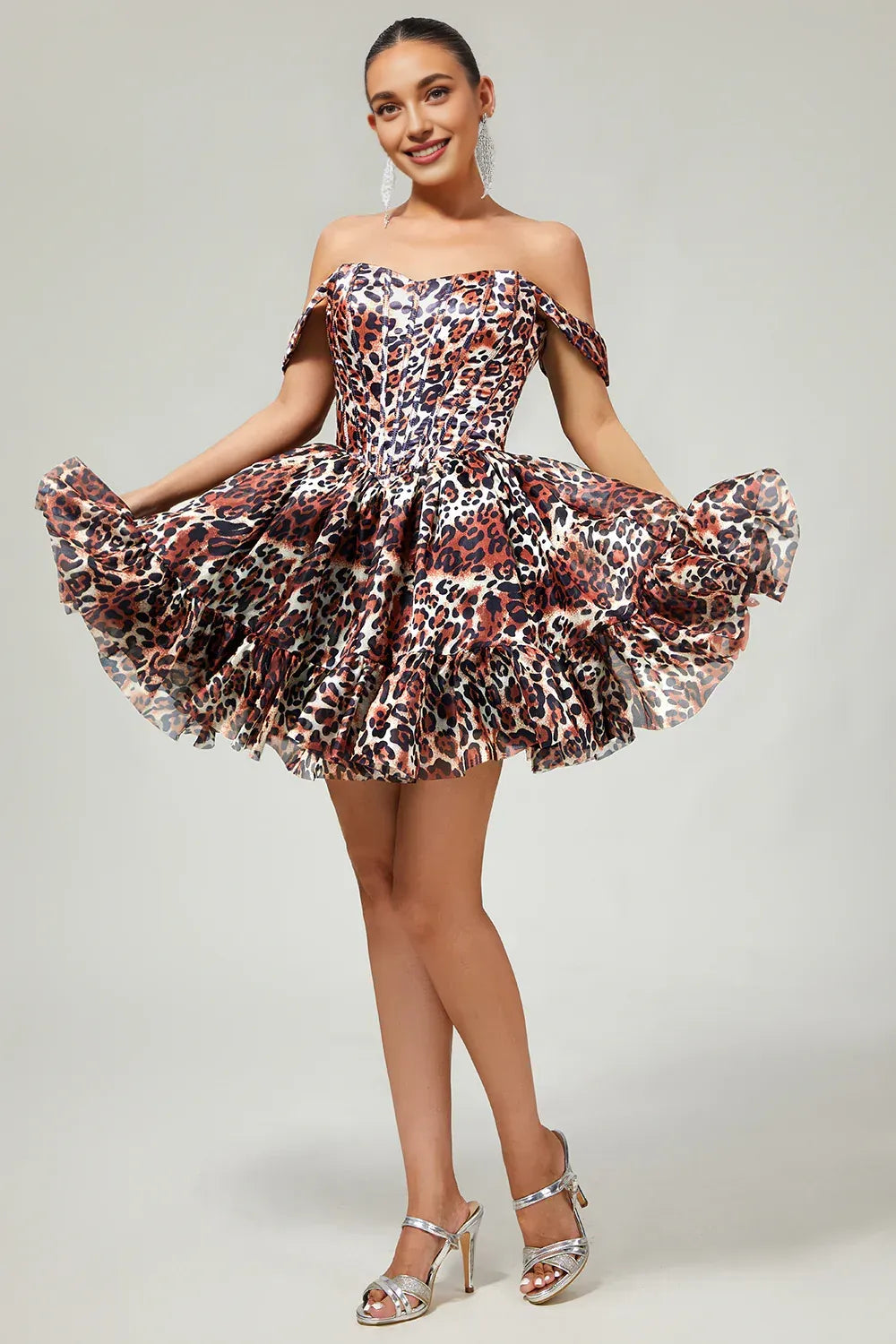 Trendy Off the Shoulder A-Line Sleeveless Leopard Print Short-Mini Homecoming Dress