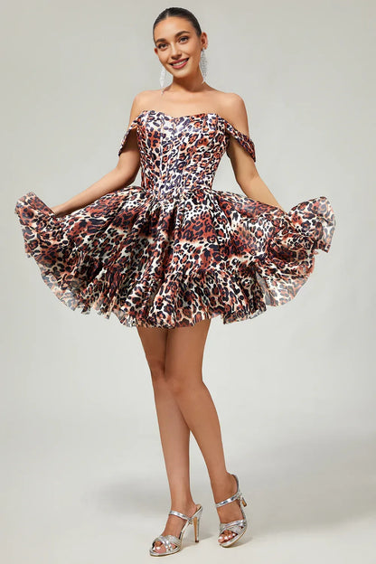 Trendy Off the Shoulder A-Line Sleeveless Leopard Print Short-Mini Homecoming Dress