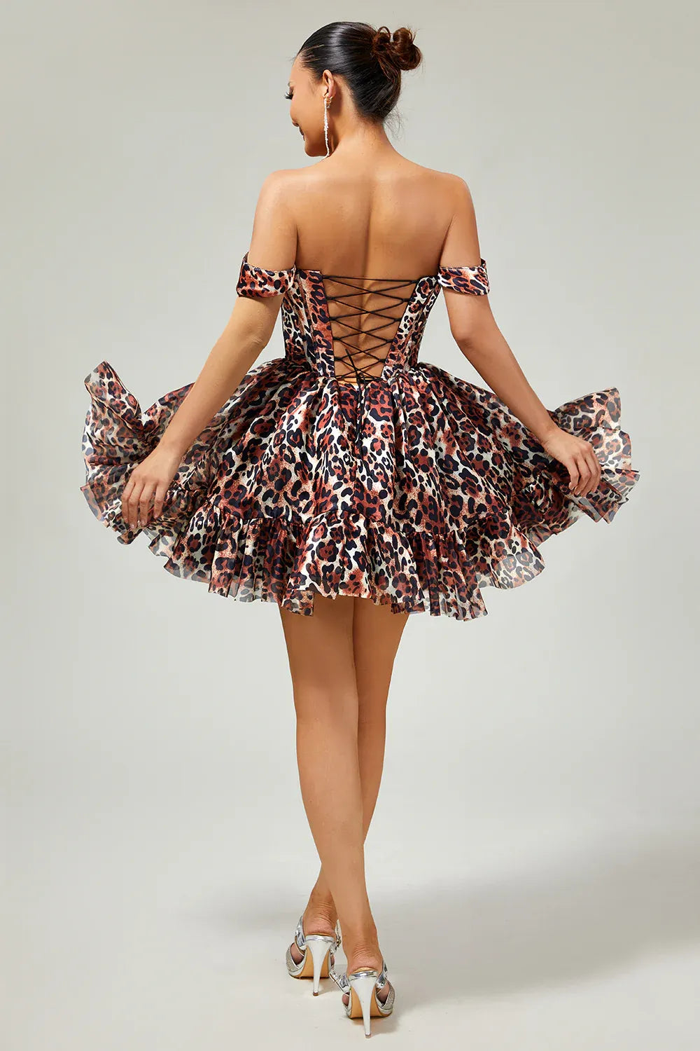 Trendy Off the Shoulder A-Line Sleeveless Leopard Print Short-Mini Homecoming Dress
