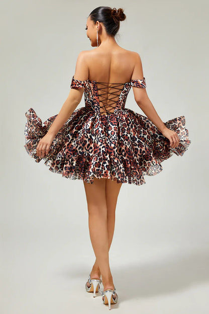 Trendy Off the Shoulder A-Line Sleeveless Leopard Print Short-Mini Homecoming Dress