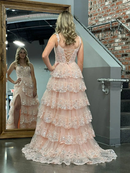 Trendy Off the Shoulder Sleeveless A-Line Tulle Tiered Long Prom Dress