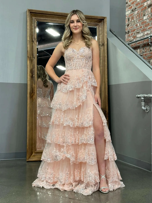 Trendy Off the Shoulder Sleeveless A-Line Tulle Tiered Long Prom Dress