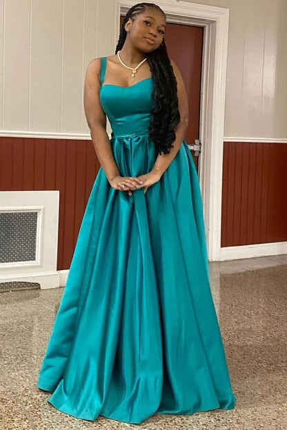 Trendy Scoop Straps Sleeveless A-Line Satin Pleated Long Prom Dress
