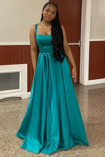 Trendy Scoop Straps Sleeveless A-Line Satin Pleated Long Prom Dress