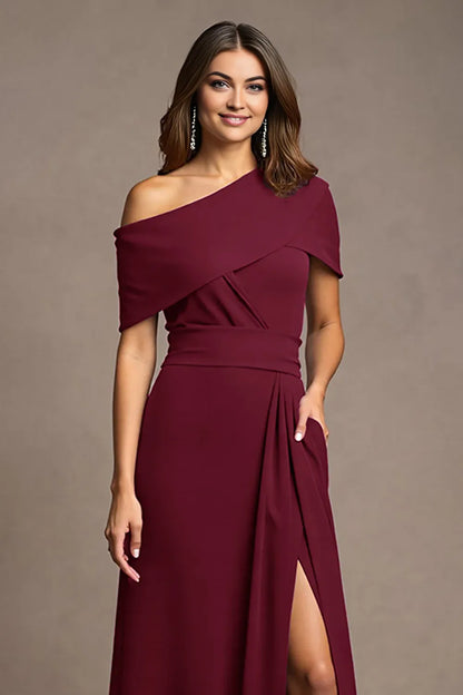 Trendy Sheath One Shoulder Cap Sleeve Asymmetrical Back Floor-Length Mother of the Bride Dress