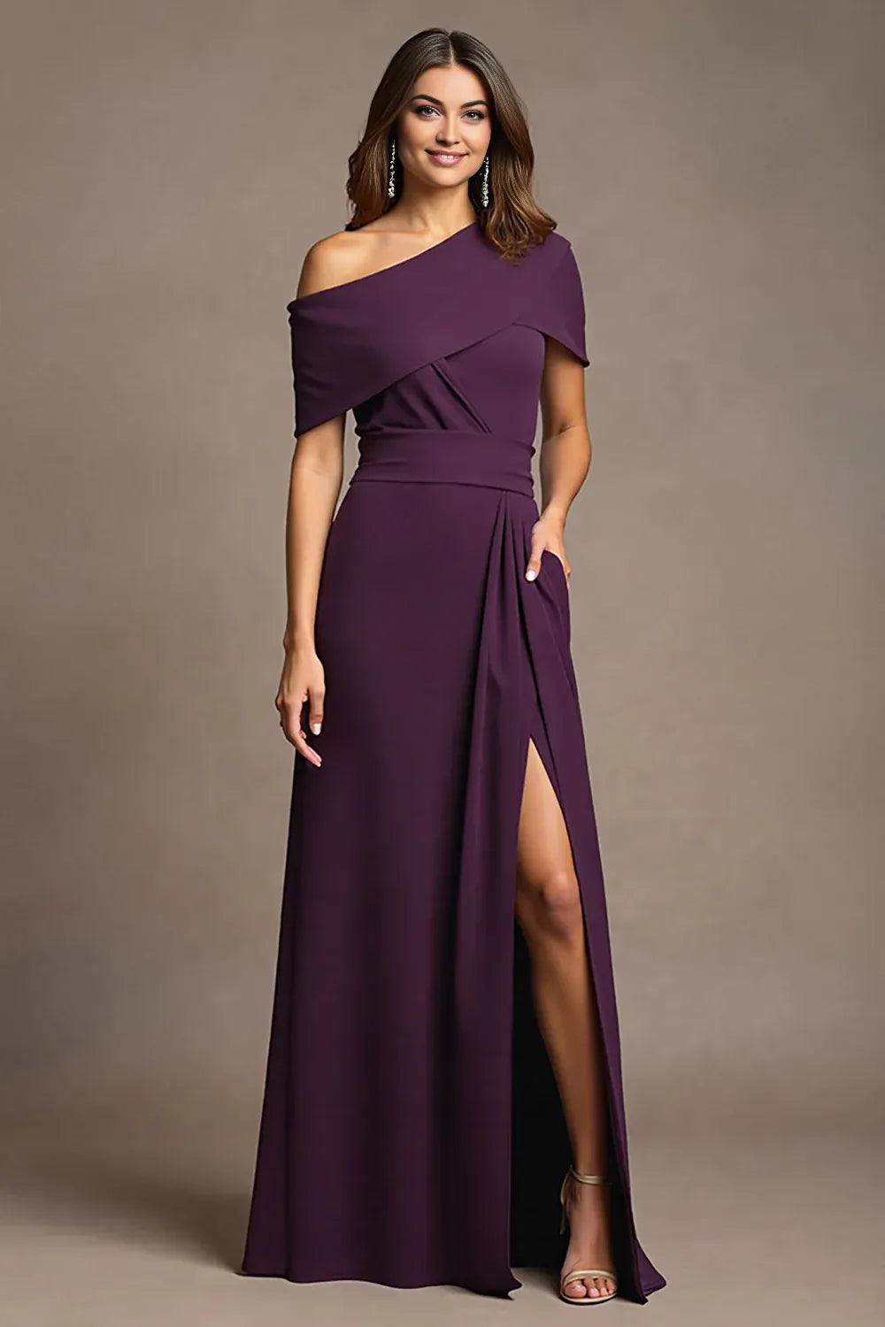 Trendy Sheath One Shoulder Cap Sleeve Asymmetrical Back Floor-Length Mother of the Bride Dress