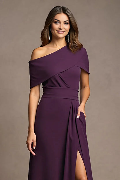 Trendy Sheath One Shoulder Cap Sleeve Asymmetrical Back Floor-Length Mother of the Bride Dress