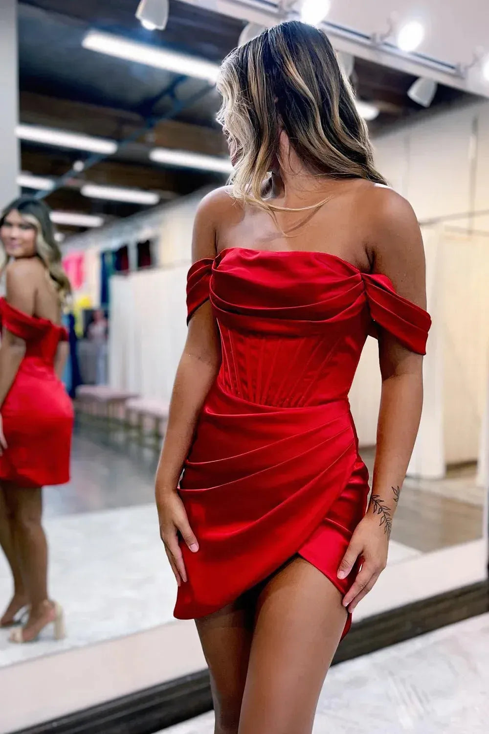 Trendy Shetah Off the Shoulder Short Homecoming Dress with Ruched