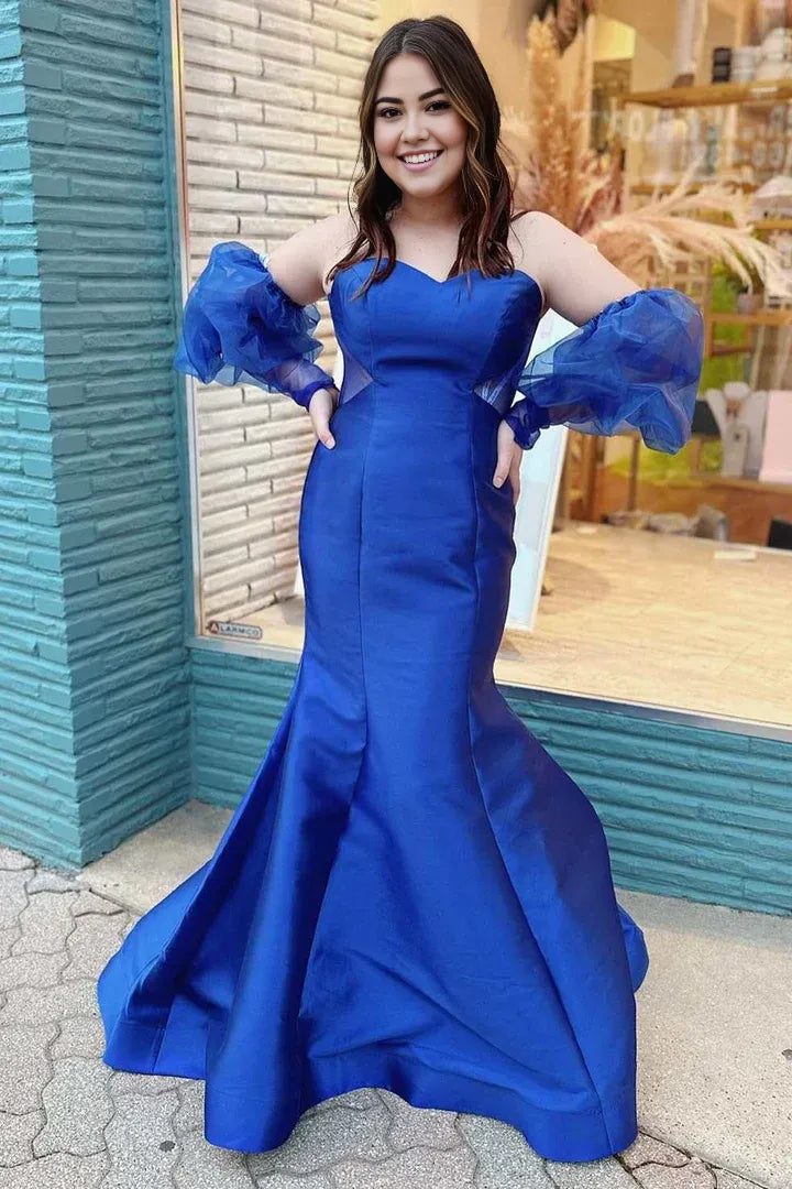 Trumpet Mermaid Strapless Train Prom Gown with Puff Sleeves