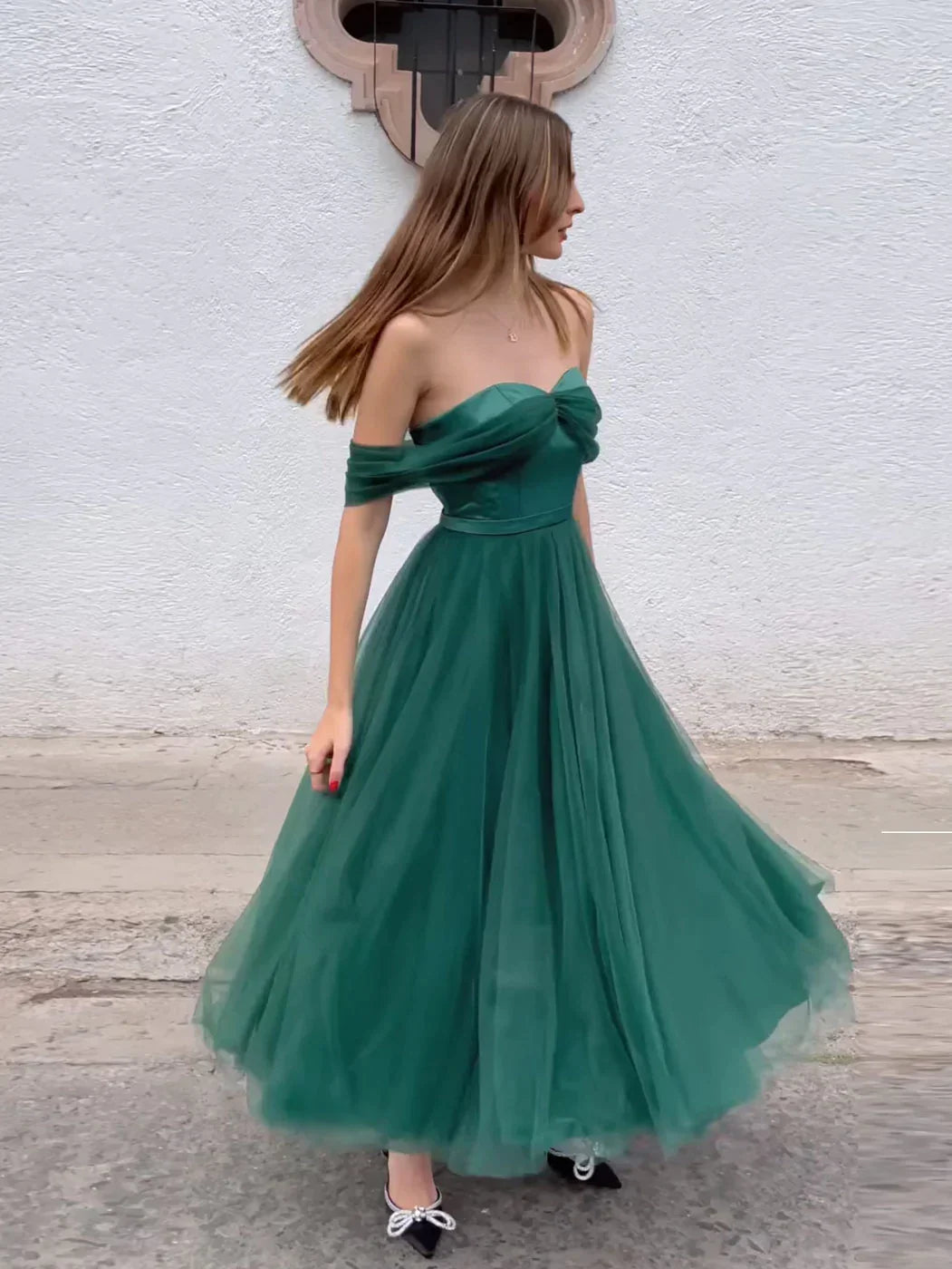 Formal Women's Dresses Green Off The Shoulder Tulle A-Line Prom Dress Homecoming Dress Prom Dress Stores