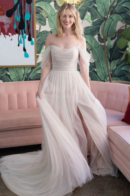 Formal Wear Dresses Sleeveless Off-the-Shoulder Tulle A-line Floor Length Wedding Dress With Slit