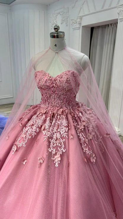 Formal Women's Dresses Pink Sweetheart Tulle Appliques Ball Gowns Quinceanera Dress with Cape Prom Clothing