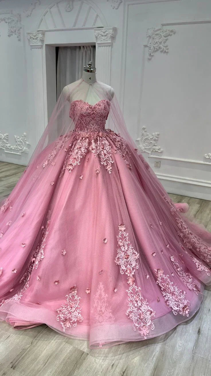 Formal Women's Dresses Pink Sweetheart Tulle Appliques Ball Gowns Quinceanera Dress with Cape Prom Clothing