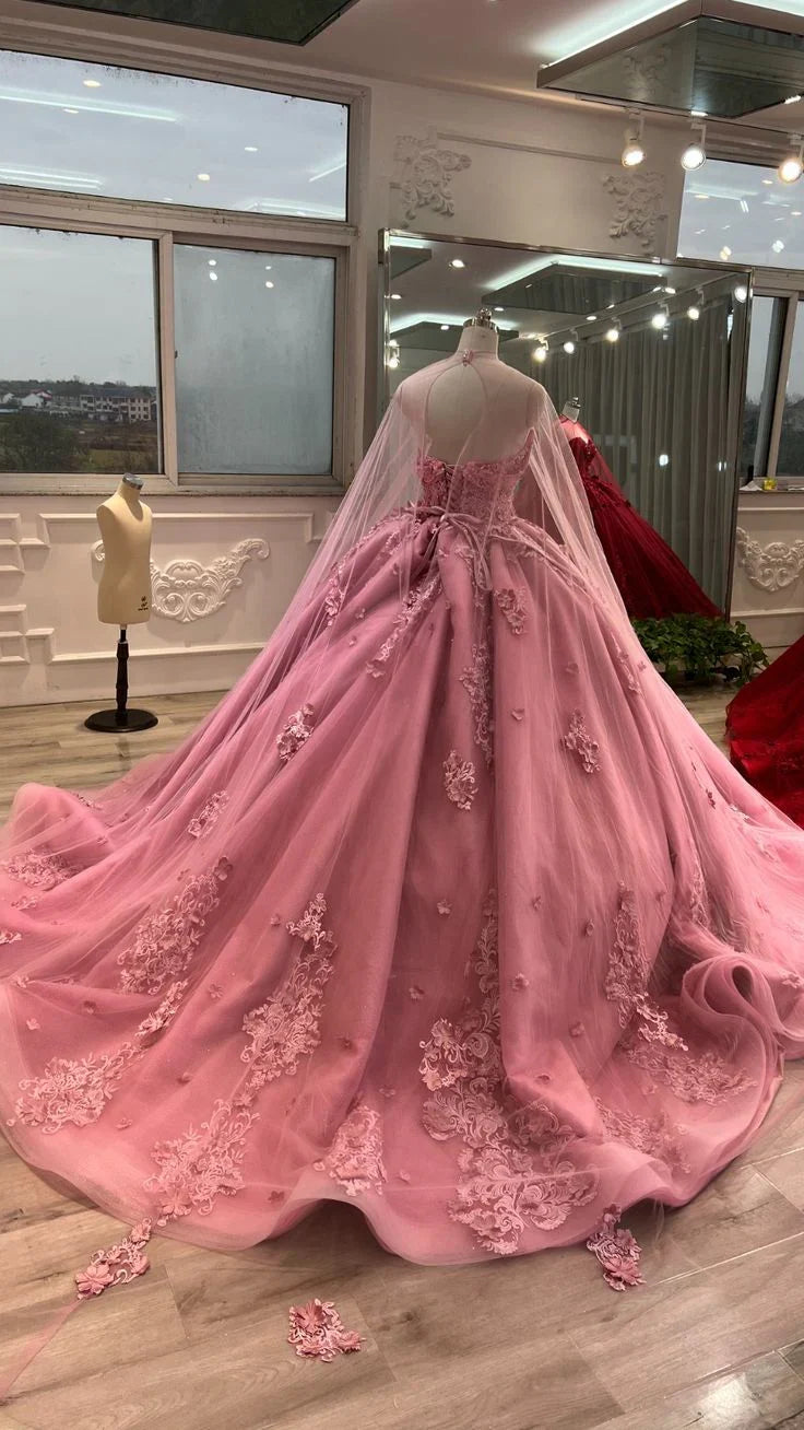 Formal Women's Dresses Pink Sweetheart Tulle Appliques Ball Gowns Quinceanera Dress with Cape Prom Clothing